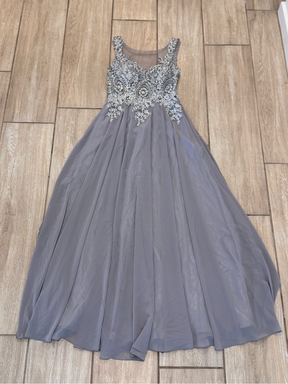 Dancing Queen Silver-Gray Beaded Maxi Gown